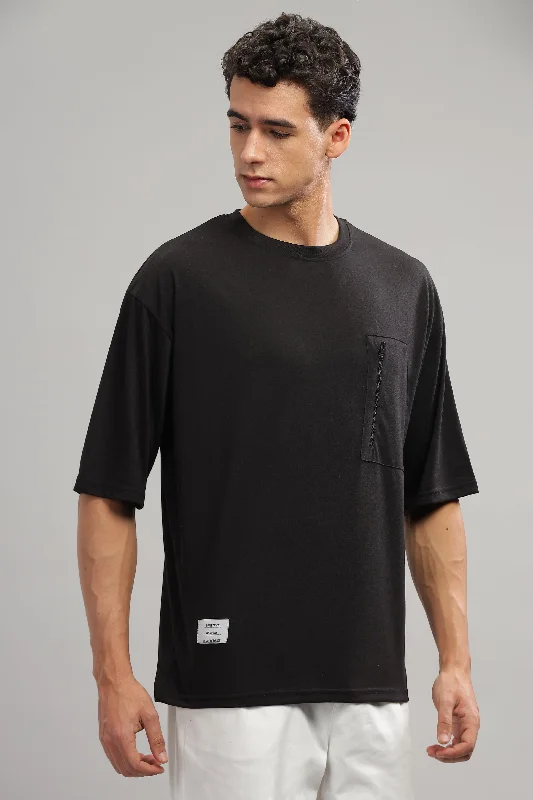 men's cool t-shirts-Black Oversized Zipper Pocket T-Shirt