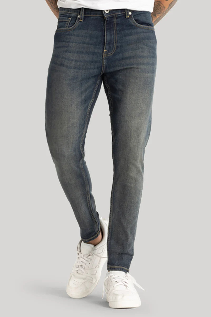 men's performance trousers-Greyish Blue Plain Skinny Fit Jeans