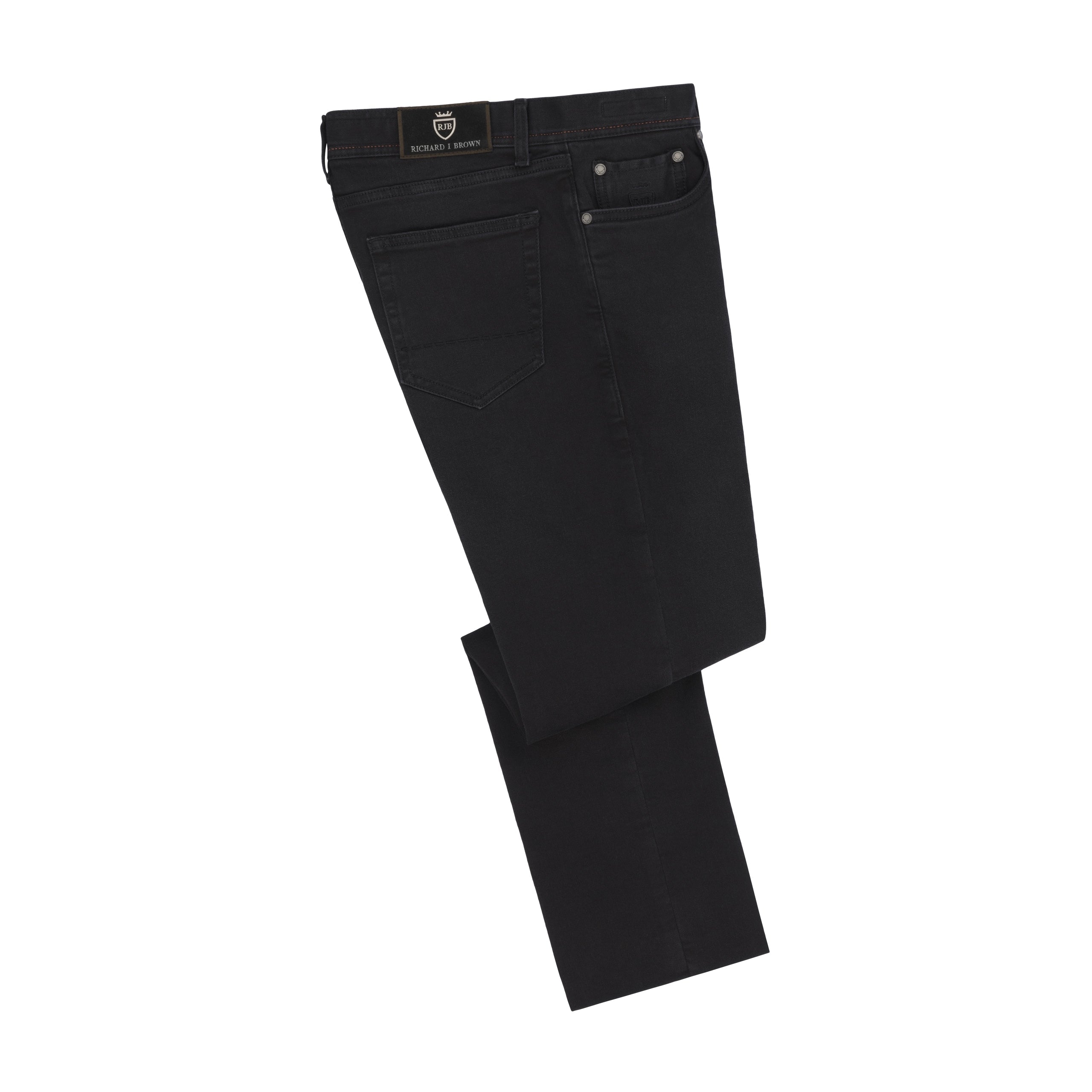 men's formal trousers-Stretch-Cotton Jeans in Black with Button Fastening