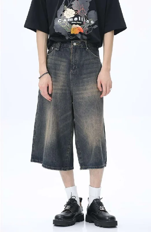 men's slim fit pants-Faded Wide Leg Denim Long Jorts