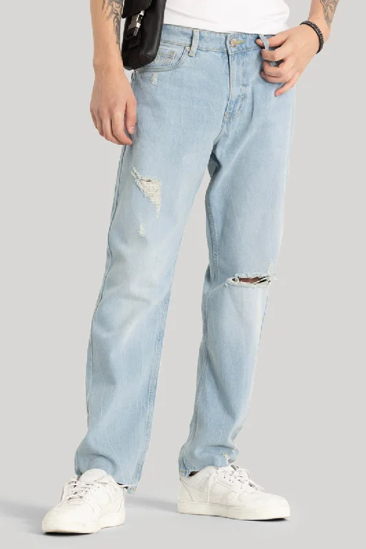 men's UV protection pants-Light Blue Distressed Relaxed Fit Jeans