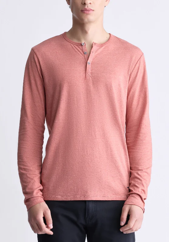 men's festival t-shirts-Kaduk Men's Long-Sleeve Burnout Henley Top, Red Ochre - BM24237