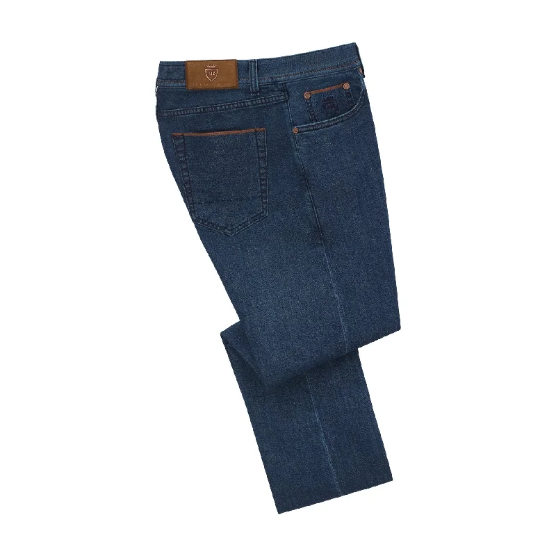 men's flannel pants-Regular-Fit Stretch-Cotton 5 Pocket Jeans in Selvedge Denim Blu