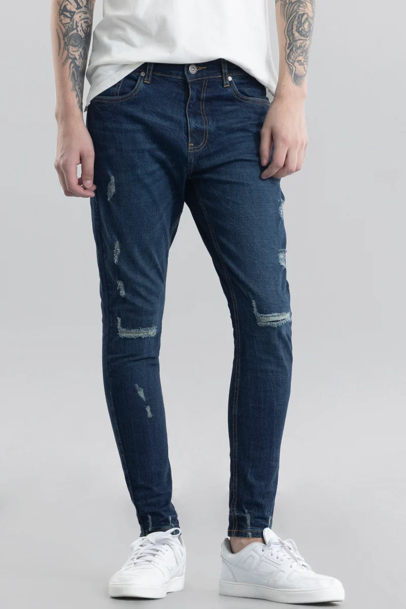 men's summer pants-Ilaria Dark Blue Distressed Skinny Fit Jeans