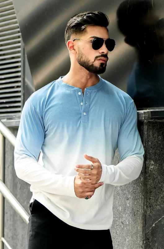 men's everyday t-shirts-Ombre Blue Dyed Henley Neck T-Shirt