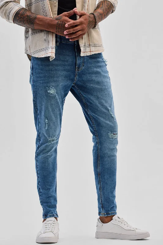 men's stylish fit pants-Blue Distressed Skinny Fit Jeans