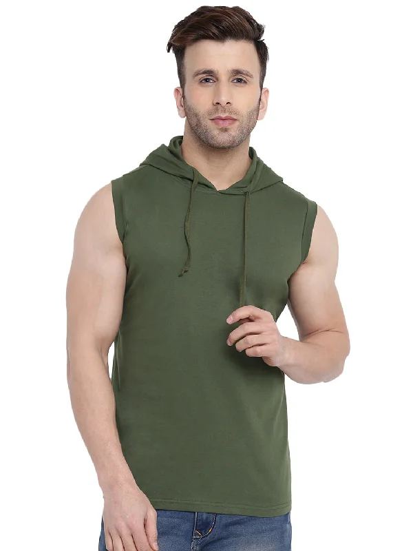 men's gym hoodies-Olive Green Sleeveless Hooded T-Shirt