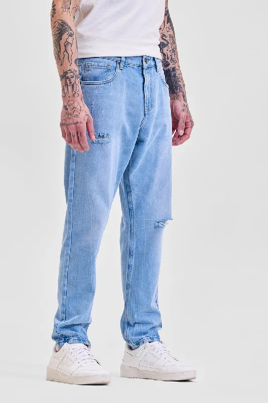 men's neutral color trousers-Light Blue Distressed Baggy Fit Jeans