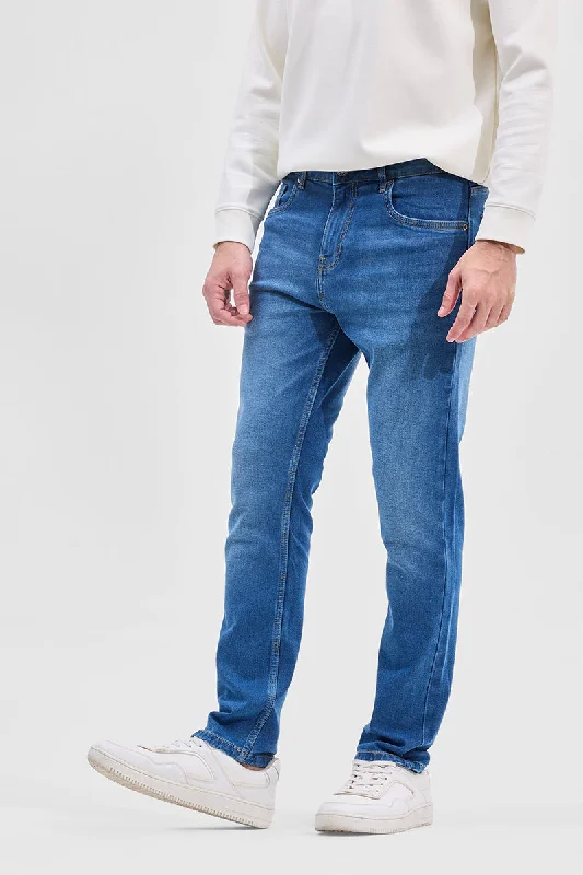 men's comfortable fit trousers-Blue Washed Slim Fit Jeans