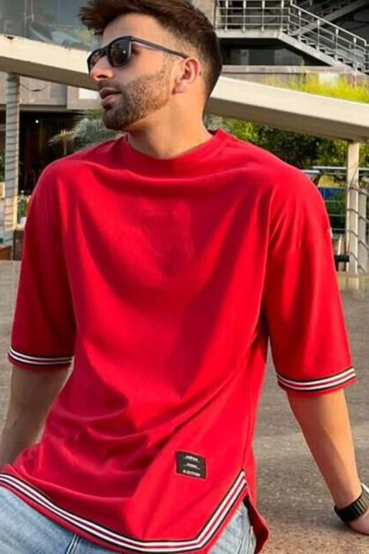 men's plain color t-shirts-Oversized Drop shoulder Red Half Sleeve T-Shirt