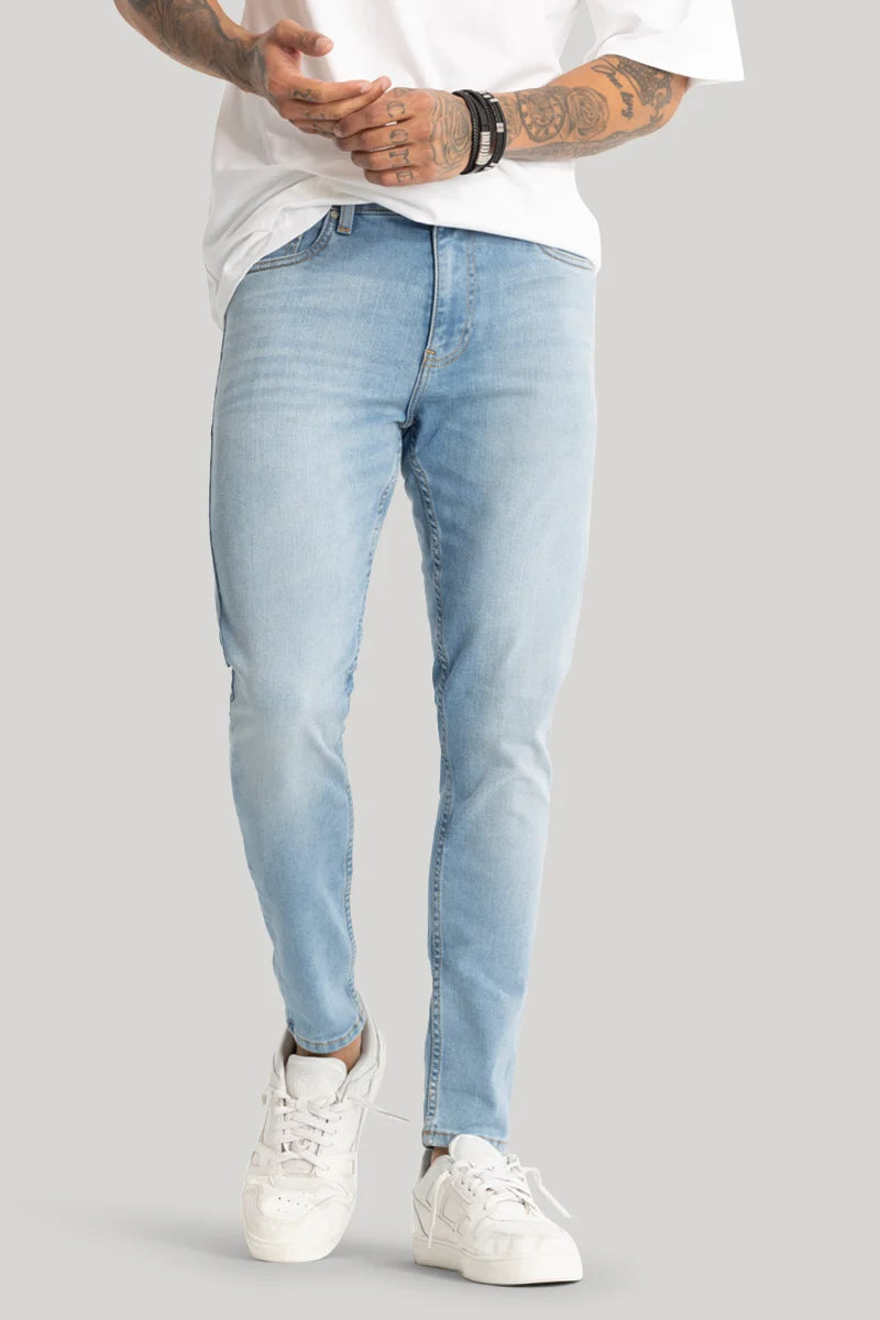 men's bootcut jeans-Light Blue Plain Skinny Fit Jeans