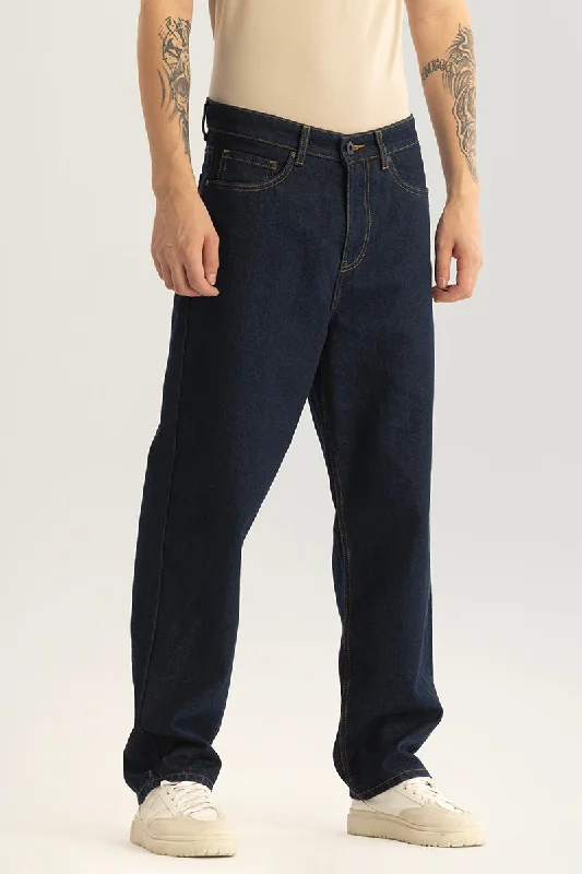 men's elastic waist pants-Eloise Navy Plain Loose Fit Jeans