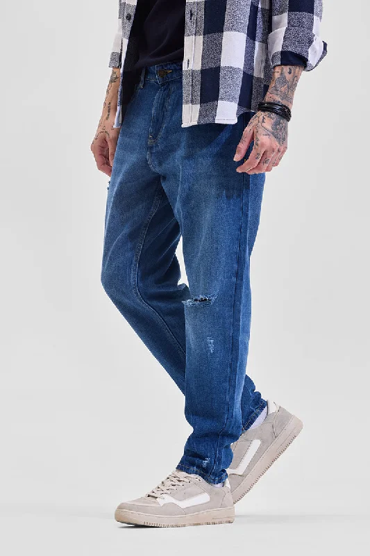 men's fashion trousers-Blue Distressed Baggy Fit Jeans