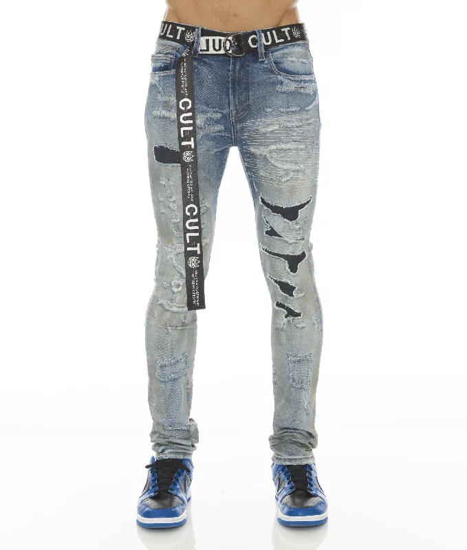 men's bootcut jeans-PUNK SUPER SKINNY STRETCH w/ BELT IN AZTEC