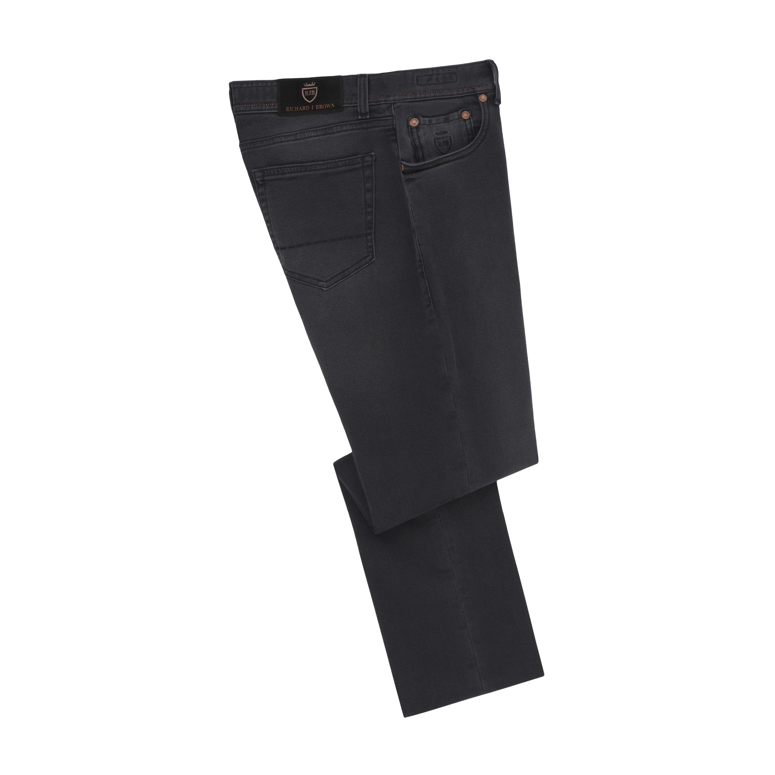 men's fashion trousers-Stretch-Cotton Jeans in Dark Grey with Button Fastening