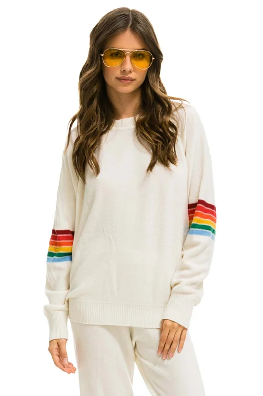 men's thermal sweatshirts-RAINBOW STRIPE SLEEVE UNISEX CASHMERE LIGHT SWEATER - VINTAGE WHITE