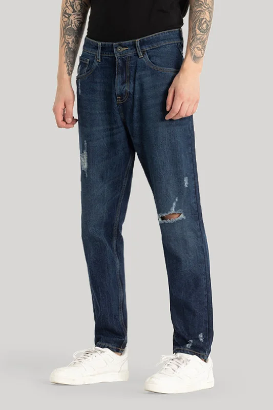 men's performance trousers-Navy Distressed Baggy Fit Jeans