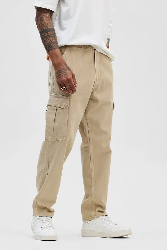 men's quick dry pants-Beige Comfort Fit Pull On Cargo Jeans