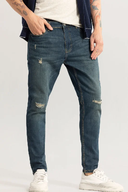 men's denim jeans-Trendsetter Dark Blue Skinny Fit Distressed Jeans