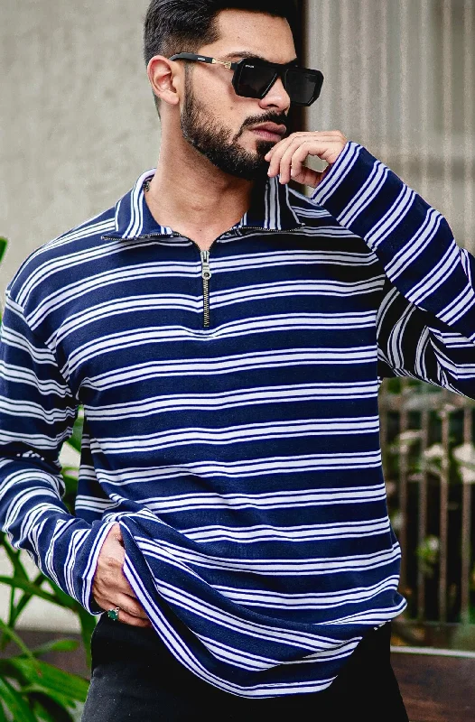 men's fashion t-shirts-White/ Blue Stripe Cotton Zipper T-Shirt