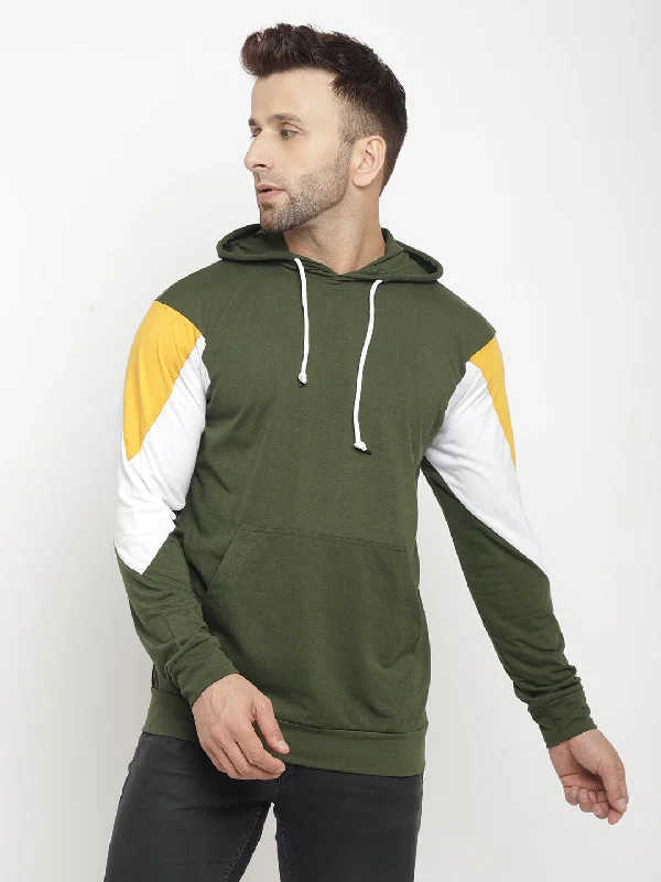 men's high-quality hoodies-Hooded Full Sleeve Olive Color Block Kangaroo Pocket T-Shirt