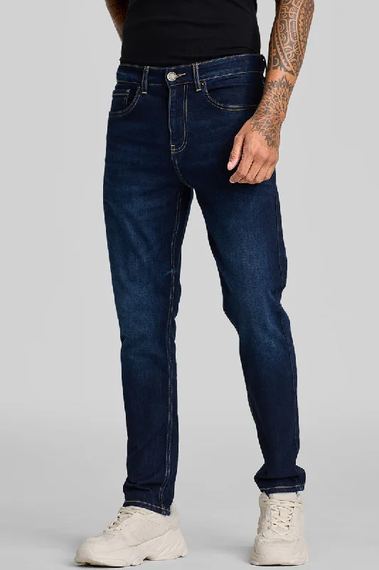 men's striped trousers-Navy Tapered Fit Jeans