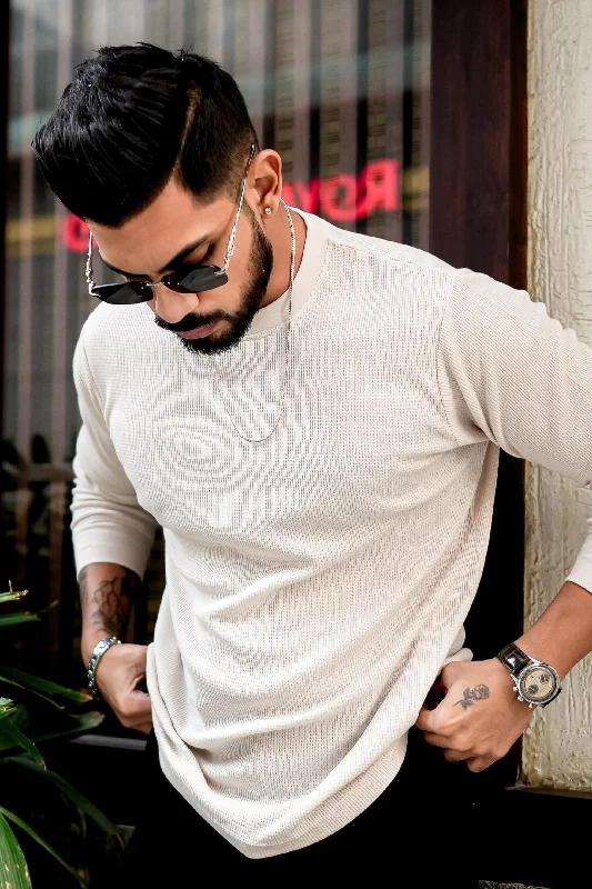 men's fall t-shirts-Cream Waffle Round Neck T-Shirt