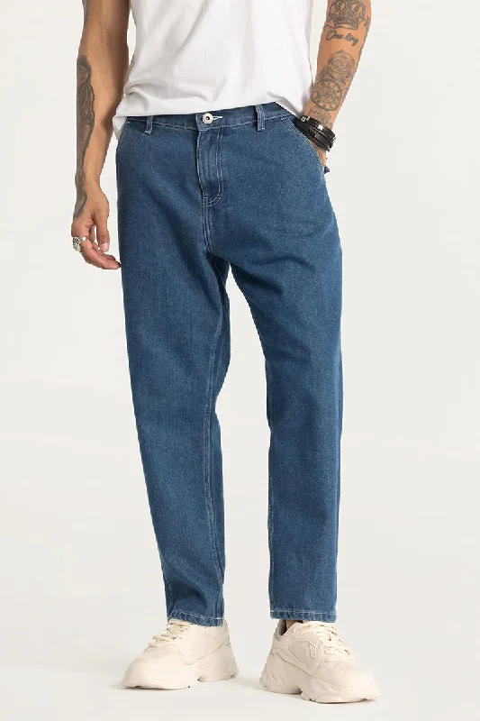 men's modern pants-Blue Plain Baggy Fit Jeans