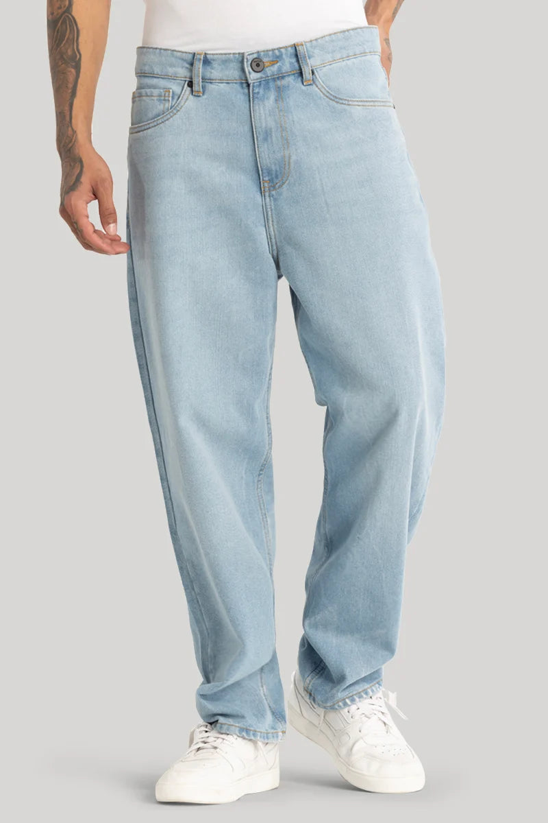 men's athletic pants-Light Blue Plain Loose Fit Jeans