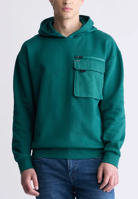 men's plain sweatshirts-Fabio Men's Hooded Sweatshirt with Chest Pocket, Forest Green - BM24393