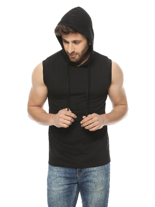 men's weekend hoodies-Black Sleeveless Hooded T-Shirt