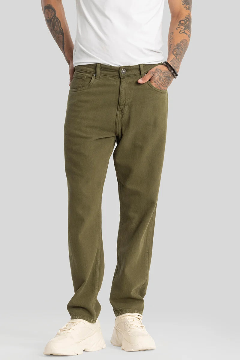 men's streetwear pants-Olive Plain Baggy Fit Jeans