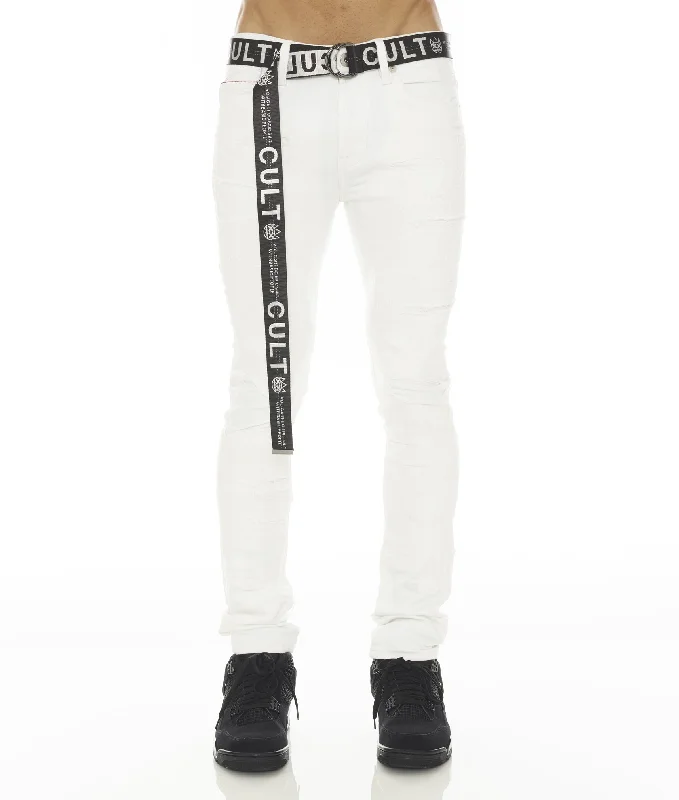 men's denim jeans-PUNK SUPER SKINNY STRETCH /w BELT IN WHITE GRUNDGE