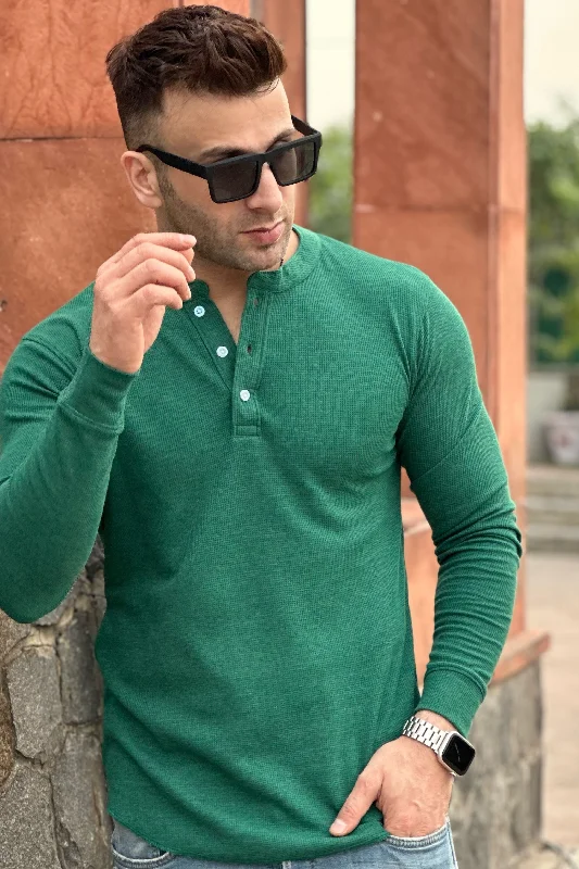 men's printed t-shirts-Green Waffle Knit Henley Neck T-Shirt