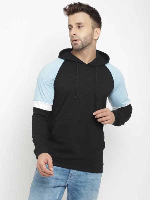 men's budget hoodies-Hooded Full Sleeve Black Color Block Kangaroo Pocket  T-Shirt