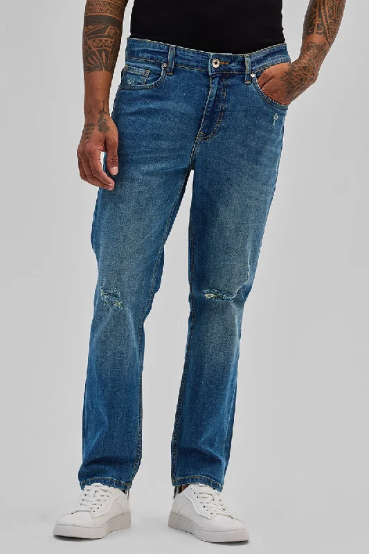 men's elastic waist pants-Blue Distressed Regular Fit Jeans