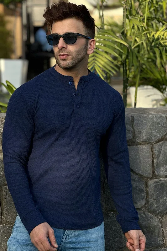 men's party t-shirts-Navy Self Waffle Knit Henley T-Shirt