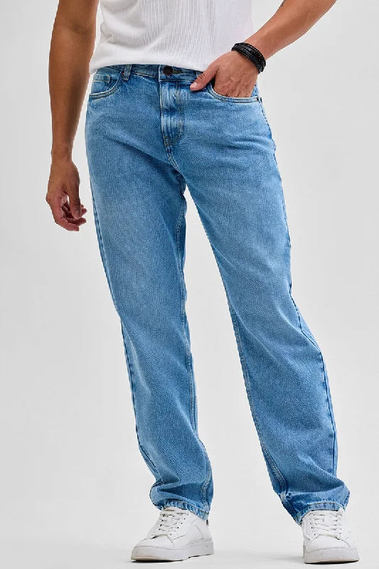 men's comfortable trousers-Blue Relaxed Fit Jeans