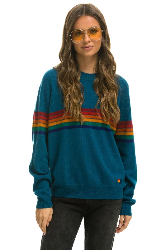 men's chic sweatshirts-RAINBOW STRIPE 6 UNISEX LIGHT CASHMERE SWEATER - PEACOCK