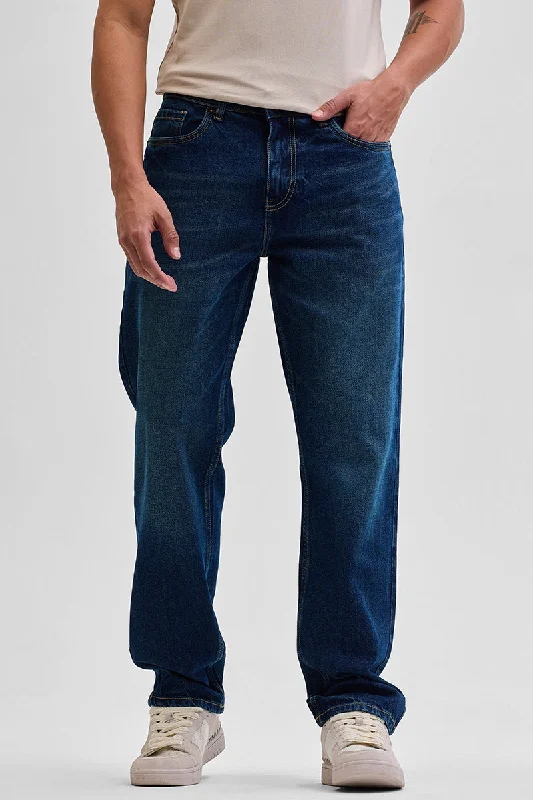 men's low rise pants-Navy Relaxed Fit Jeans