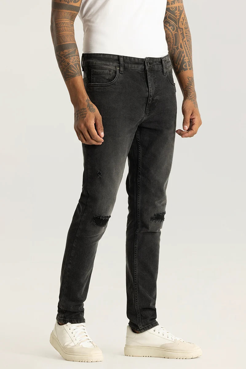 men's versatile pants-Nexus Charcoal Black Distressed Slim Fit Jeans