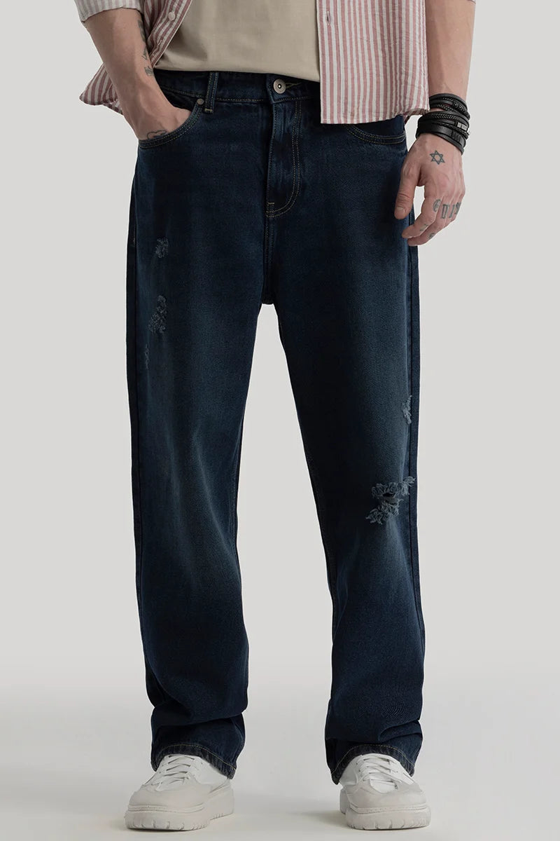 men's athletic pants-Lars Navy Distressed Loose Fit Jeans