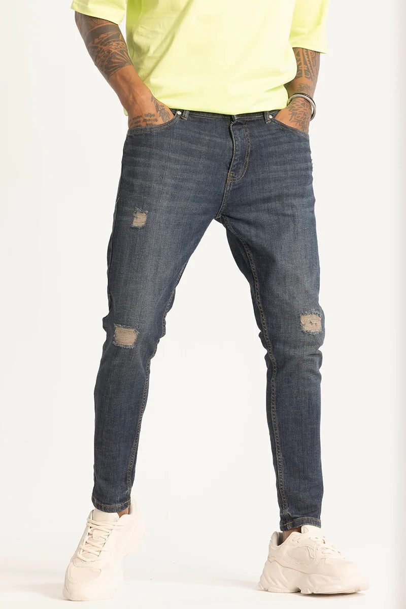 men's tapered pants-Greyish Blue Distressed Skinny Fit Jeans