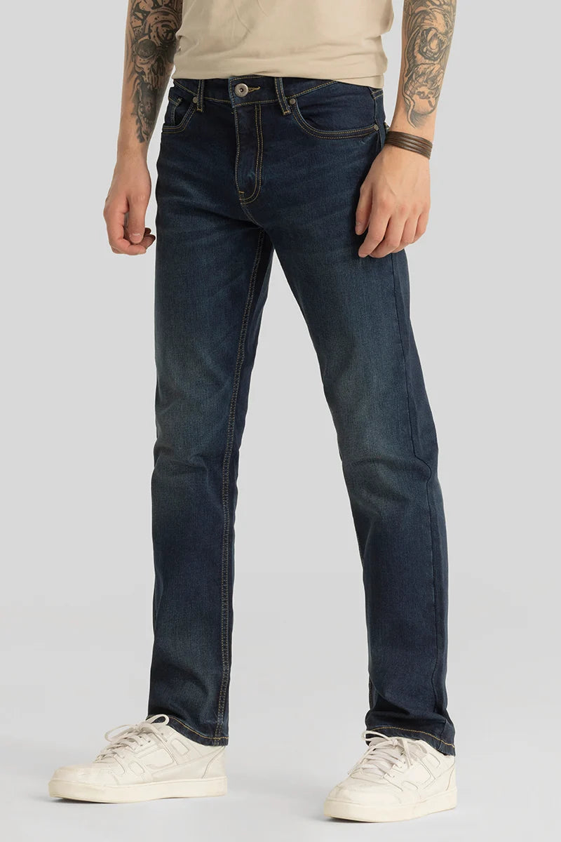 men's adventure trousers-Brigitte Ink Blue Plain Straight Fit Jeans