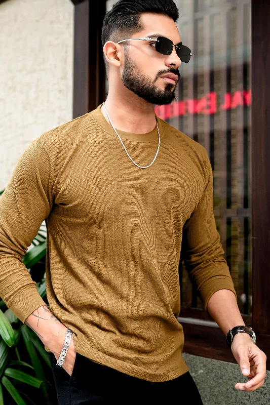 men's workout t-shirts-Olive Green Waffle Round Neck T-Shirt