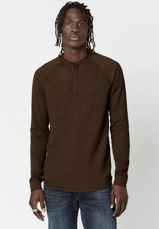 men's recycled t-shirts-Kariver Henley Long Sleeve Henley in Chocolate - BM23368