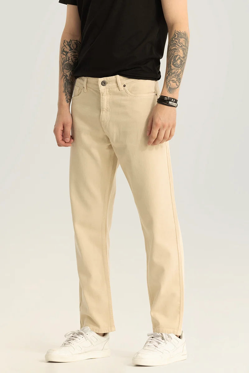 men's patterned trousers-Etienne Cream Plain Relaxed Fit Jeans