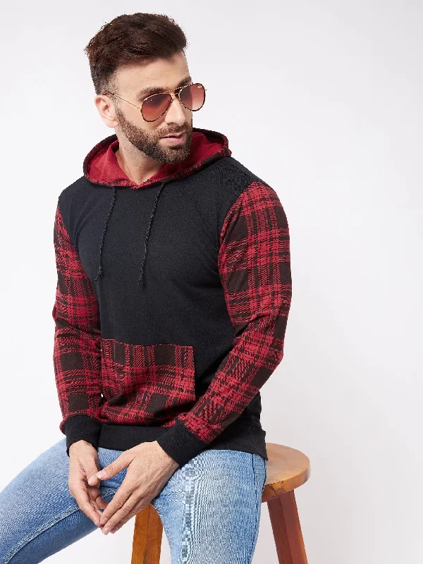 men's urban wear hoodies-Black and Red Hooded Full Sleeve  Tshirt