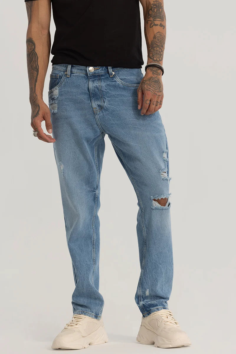 men's straight leg pants-Light Blue Distressed Baggy Fit Jeans