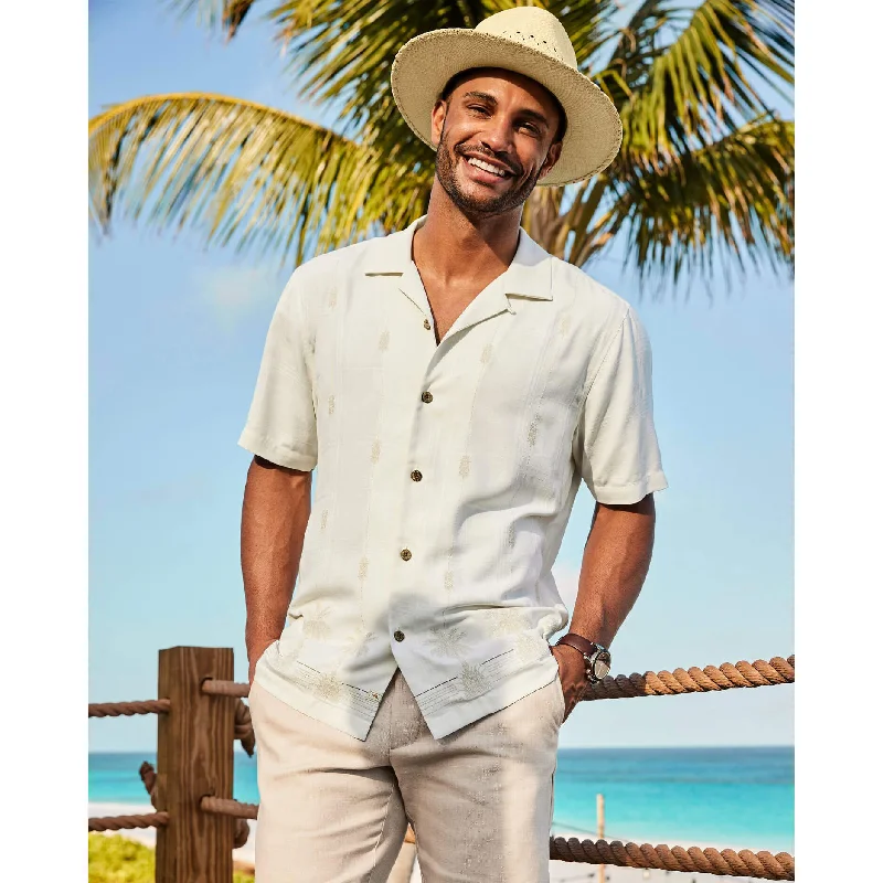 men's formal shirts-Tommy Bahama Men's Pina Palms Embroidered Silk Camp Shirt - Continental